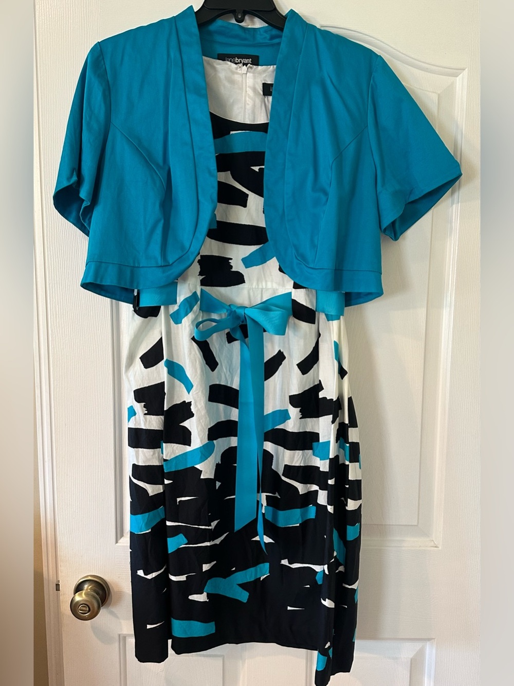 Lane Bryant Black and White Print dress with Teal Trim and jacket